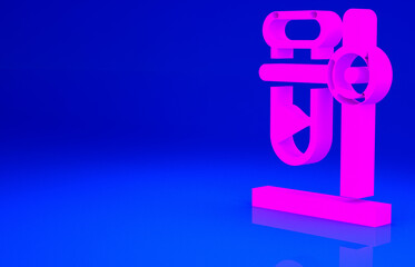 Pink Glass test tube flask on stand icon isolated on blue background. Laboratory equipment. Minimalism concept. 3d illustration 3D render.