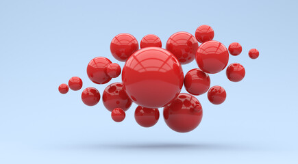Abstraction from flying red spheres on a blue background. 3d render.