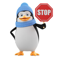 Cartoon character penguin in winter clothes holding a red stop sign on a white background. 3d render illustration.