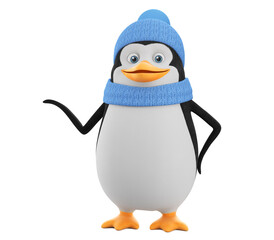 Cartoon character penguin in winter clothes points with a wing to an empty space on a white background.