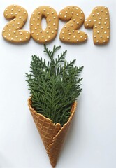 2021 gingerbreads on white background with cone and fir