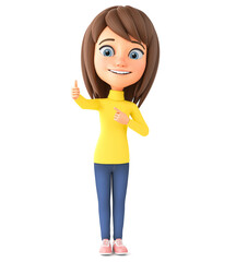 Cartoon character cheerful little girl in winter clothes shows a thumb up on a white background. 3d render illustration.