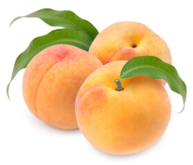 Orange Peach with leaves isolate on white background, Sweet Golden Peach fruits isolate on white background With clipping path.