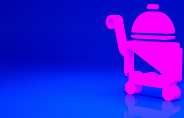 Pink Covered with a tray of food icon isolated on blue background. Tray and lid sign. Restaurant cloche with lid. Minimalism concept. 3d illustration 3D render.