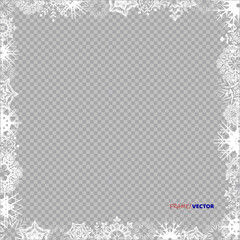 Empty frame with white Snowflakeson a whole leaf. Vector Winter holiday ice ornament border for design.