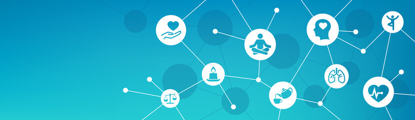 mindfulness vector illustration. Banner wit icons related to mindful living, awareness, relaxation, spirituality or balance of mind. Usable as header image or banner, with copy space.