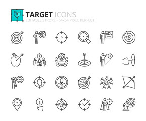 Simple set of outline icons about target. Business concepts