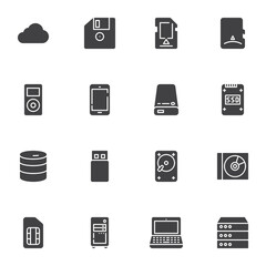 Data storage vector icons set, modern solid symbol collection, filled style pictogram pack. Signs, logo illustration. Set includes icons as cloud computing, ssd, memory stick, database, usb flash