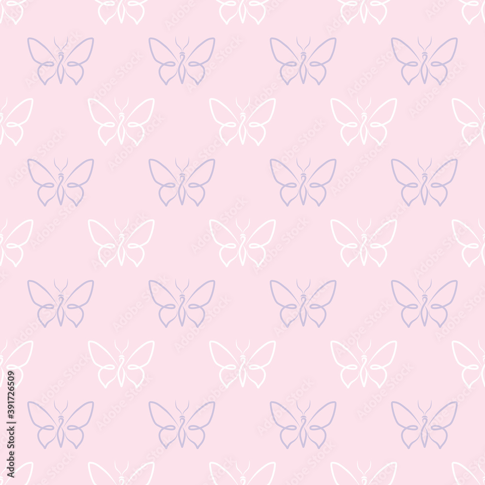 Poster Pastel butterfly seamless repeat pattern background, simple vector butterfly pattern. Cute simple butterfly pattern, vector background.