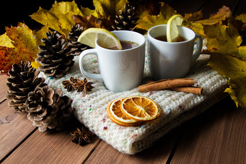 Two cups of warming tea with lemon on a warm, cozy knitted winter scarf. Autumn composition on a wooden table, with cinnamon sticks, star anise, cones and leaves in background.