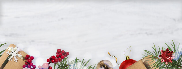 Christmas banner with gifts and decorations, copy space on the white background. Wide format,...