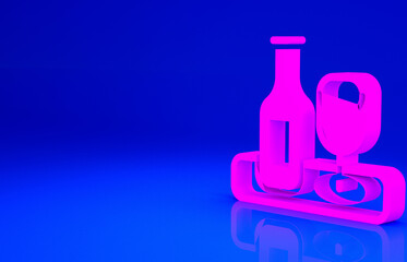 Pink Wine bottle with glass icon isolated on blue background. Minimalism concept. 3d illustration 3D render.