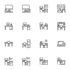 Workplace line icons set, outline vector symbol collection, linear style pictogram pack. Signs, logo illustration. Set includes icons as workspace, desktop computer, office table with chair, laptop