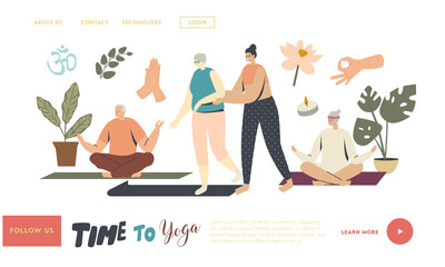 Yoga Classes for Senior Characters Landing Page Template. Female Trainer Help to Elderly Woman. Wellness in Old Ages