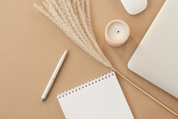 Minimal home office desk workspace on pastel beige background. Blank sheet notebook, laptop, pampas...