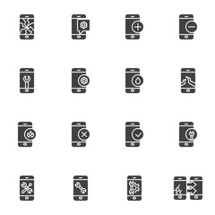 Phone repair service vector icons set, modern solid symbol collection, filled style pictogram pack. Signs, logo illustration. Set includes icons as broken smartphone display, mobile phone settings