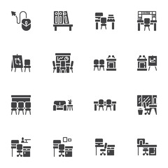 Office workplace vector icons set, modern solid symbol collection, filled style pictogram pack. Signs, logo illustration. Set includes icons as desktop computer, office table with chair, meeting room