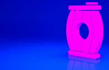 Pink Gun powder barrel icon isolated on blue background. TNT dynamite wooden old barrel. Minimalism concept. 3d illustration 3D render.