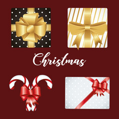 happy merry christmas lettering with gifts and canes