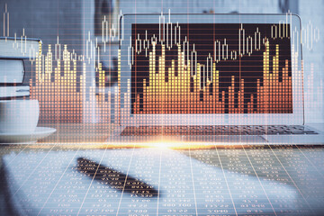 Multi exposure of forex chart and work space with computer. Concept of international online trading.