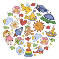 Kindergarten, toys vector pattern. Little children creativity and imagination. Online education, educational games.