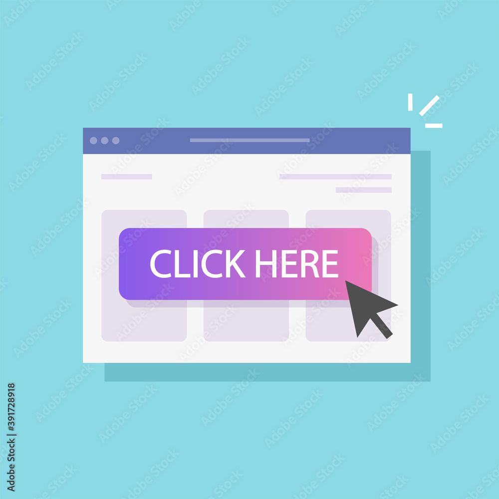 Poster click here clicking button on web internet browser page with mouse pointer cursor arrow pressing vec