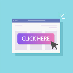 Click here clicking button on web internet browser page with mouse pointer cursor arrow pressing vector icon isolated, marketing technology concept