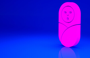 Pink Newborn baby infant swaddled or swaddling icon isolated on blue background. Baby kid child wrapped in blanket clothes. Minimalism concept. 3d illustration 3D render.