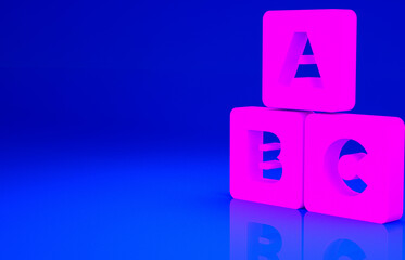 Pink ABC blocks icon isolated on blue background. Alphabet cubes with letters A,B,C. Minimalism concept. 3d illustration 3D render.