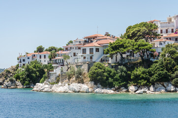 Fototapeta premium Evia island, Greece - June 28. 2020: Panorama of the tourist island of Skiathos in Greece