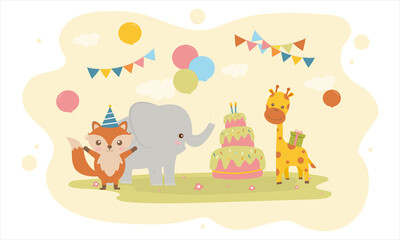 Vector illustration of Happy Birthday with cake decoration for greetings card. Set birthday Party cute animal giraffe, elephant and Fox design invitation. Colorful Card for kids cute template design.