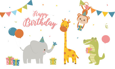 Happy birthday card with cute animals soft color, Collection of cute animal in holiday. Crocodile, Giraffe, monkey, crocodile. Template for greeting card and post. Vector illustration.