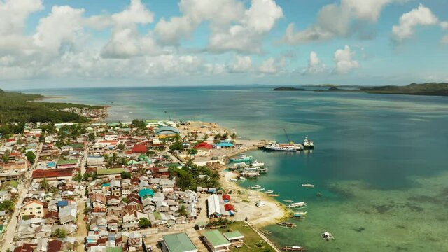 Dapa city with a port among the lagoons and islands. Dapa Ferry Terminal. Siargao, Philippines.