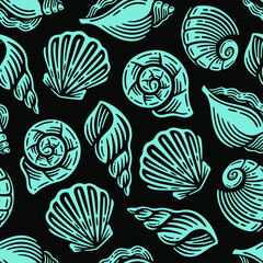 Seamless pattern of seashells. Summer vector design. Seamless pattern can be used for pattern fills, wallpaper, web page background, surface textures.