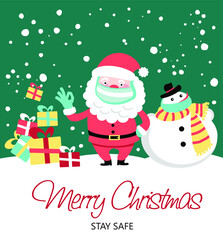 Merry Christmas and happy new year greeting poster. Holiday cartoon character. Stay safe. Vector.
