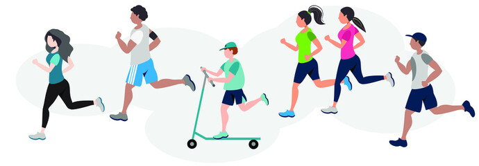 Running people flat vector illustration. Runners, athletes, sportive men and women . Marathon, exercise and athletics. Isolated design element