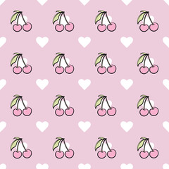 Cute pastel pink cherries and hearts, pretty girly pattern with fruits. Cute pattern, cherries and hearts, cherry vector.