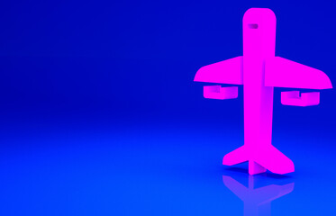 Obraz premium Pink Plane icon isolated on blue background. Flying airplane icon. Airliner sign. Minimalism concept. 3d illustration 3D render.