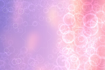 A festive abstract delicate Happy New Year or Christmas background texture with colorful pink and light violet blurred bokeh lights and stars. Space for design. Card concept or advertising.