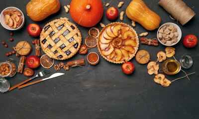 Berry tart pie and apple tart pie on black background