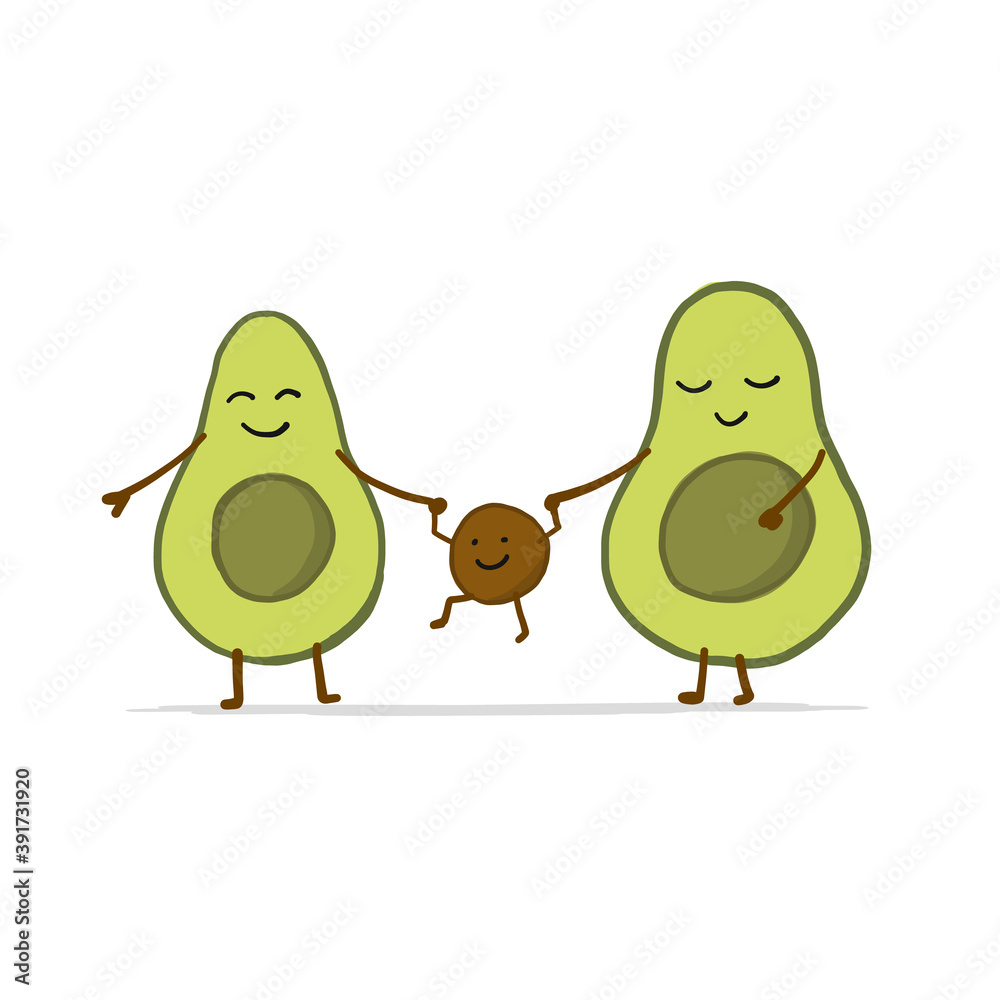 Sticker funny avocado family. cartoon characters. isolated on white