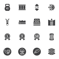 Orthopedic mattress vector icons set, modern solid symbol collection, filled style pictogram pack. Signs, logo illustration. Set includes icons as eco material, correct sleep, warranty