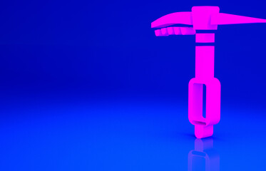 Pink Ice axe icon isolated on blue background. Montain climbing equipment. Minimalism concept. 3d illustration 3D render.