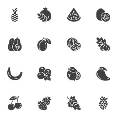 Tropical fruit vector icons set, modern solid symbol collection, filled style pictogram pack. Signs, logo illustration. Set includes icons as pineapple, kiwi, pomegranate, banana, watermelon, grape