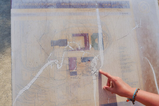Scheme of the archaeological Park of Carthage, layout. Plate with the location of ancient Roman buildings - Tunisia, Carthage, Africa 06 18 2019