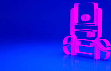 Pink Hiking backpack icon isolated on blue background. Camping and mountain exploring backpack. Minimalism concept. 3d illustration 3D render.