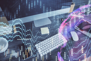 Multi exposure of forex graph and work space with computer. Concept of international online trading.