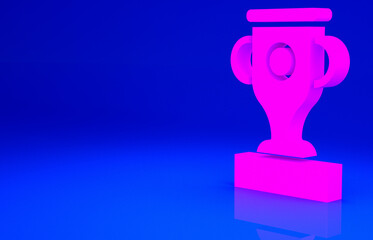 Pink Award cup icon isolated on blue background. Winner trophy symbol. Championship or competition trophy. Sports achievement sign. Minimalism concept. 3d illustration 3D render.