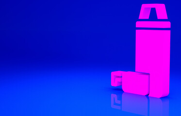 Pink Thermos container icon isolated on blue background. Thermo flask icon. Camping and hiking equipment. Minimalism concept. 3d illustration 3D render.