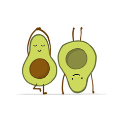 Funny Avocado cartoon characters doing Yoga. Isolated on white